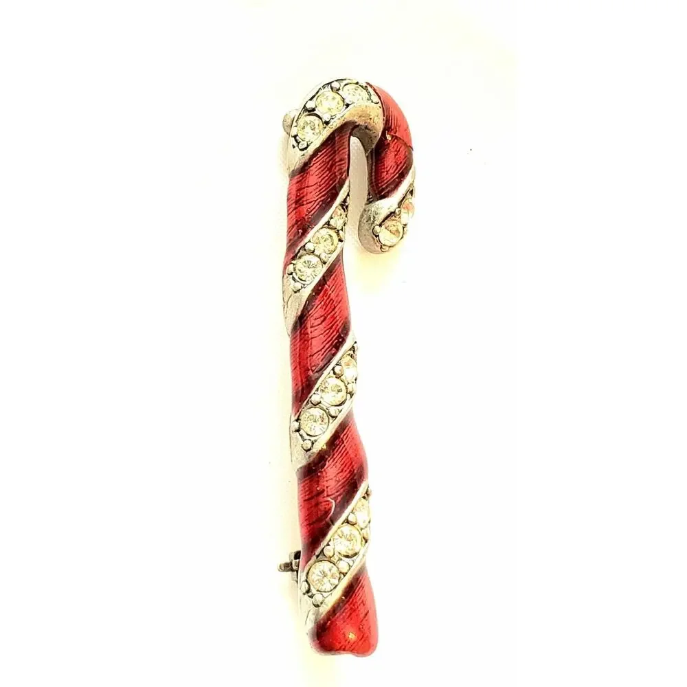 Vintage Red Candy Cane Pin‎ Brooch Enamel Rhinestone Christmas Holiday 2